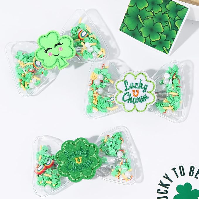 CN 6PCS St Patricks Day Hair Bows for Girls, 3.5 Inch Green Lucky Shamrock Alligator Hair Clips, Clover Hair Accessories for Girls Toddler Kids Teens Children