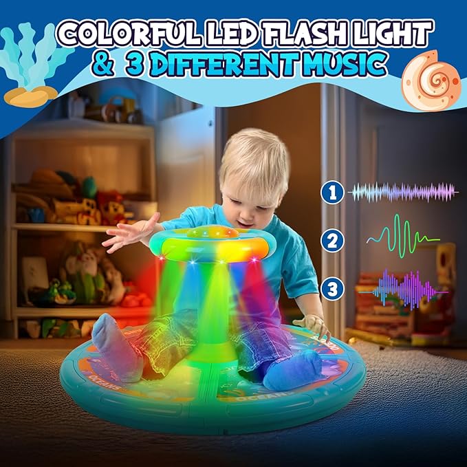 GODELAIF Sit and Spin, Christmas Birthday Gift Toddlers Sit and Spin Toy for 1-2 3 4 Years Old Girl Boy, 360° Ocean Interactive Sensory Spinning Toys for Ages 2-10 Kids LED & Sound with Free Stickers