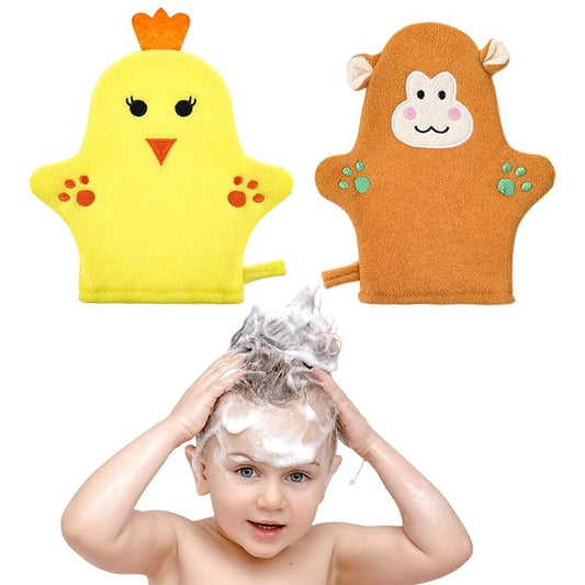 2PCS Baby Bath Mitt Washcloths Gloves Monkey Chicken Toddler Soft Washcloths for Kids Designed in Cute Animal Towel Gentle Scrub for Baby Girl Boy Bath Shower