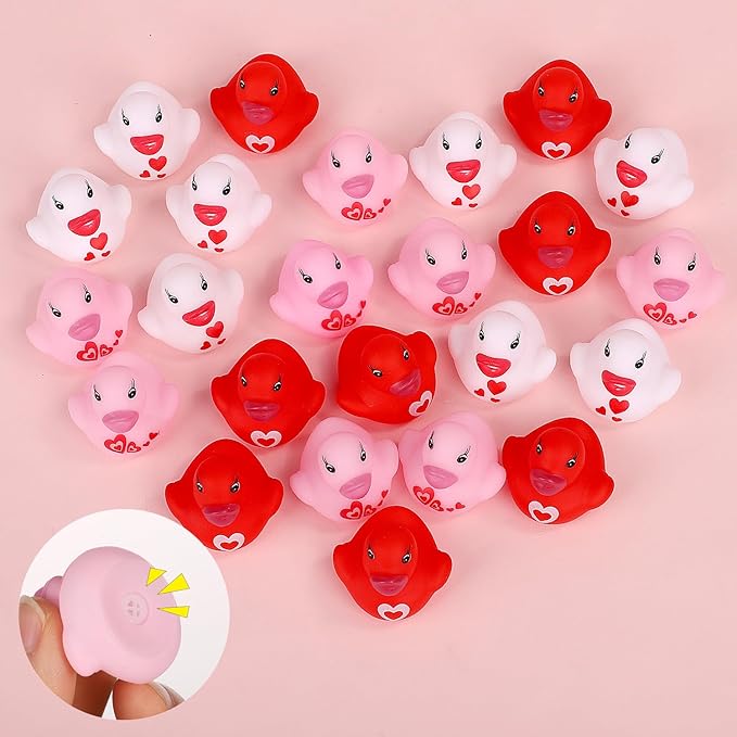 24pcs Valentine's Day Rubber Ducks, 1.57 inch Mini Small Assorted Rubber Bath Ducks Colorful Bathtub Toy Squeaky Duckies Love Heart Duck Valentines Day Gifts for Kids Cupcake Topper(3 Colors)