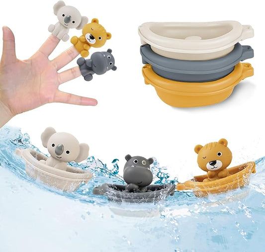 Baby Bath Toy Stackable Infant Bathtub Toys Stacking Floating Boat Train with Animal Finger Puppets Bath Toy Silicone Hand Puppet Educational Beach Toys for Babies Toddlers Party Favors