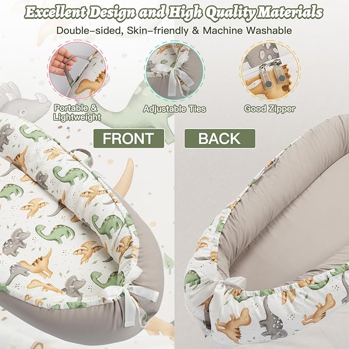 Alened Baby Lounger for Newborn 0-24 Months, Organic Cotton Infant Lounger on Floor for Supervised Tummy Time, Adjustable Portable Support Pad for New Born Awake Use Only - Dinosaur