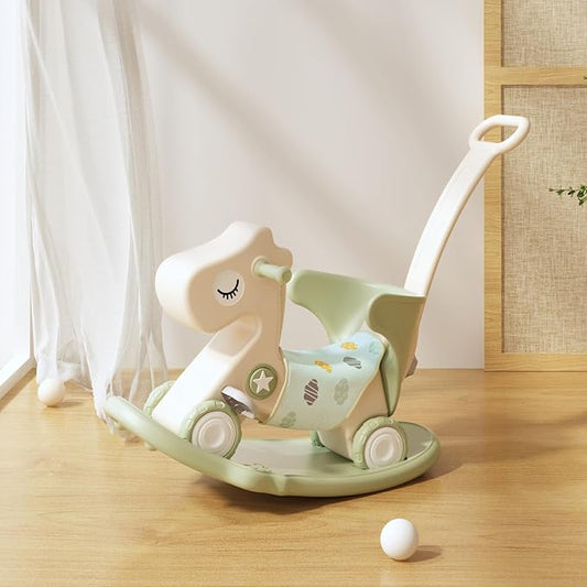 4-in-1 Rocking Horse Toy for Toddlers 1-3 | Plastic Push Walker with Balance Board & Wheels, Ride-On Rocker Gift for 1 Year Old Boys Girls(Green)