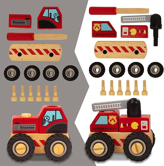 Construction Vehicles for Toddlers, 2 Pcs Wooden Detachable Assemble Cranes and Tractor, Kids Vehicle Toys Hand Push Car Toys for 3 Years Old Boys Girls