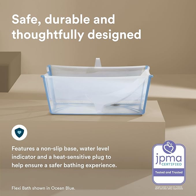 Stokke Flexi Bath Portable Baby Bathtub Bundle with Heat-Sensitive Plug and Newborn Baby Bath Support, White Grey