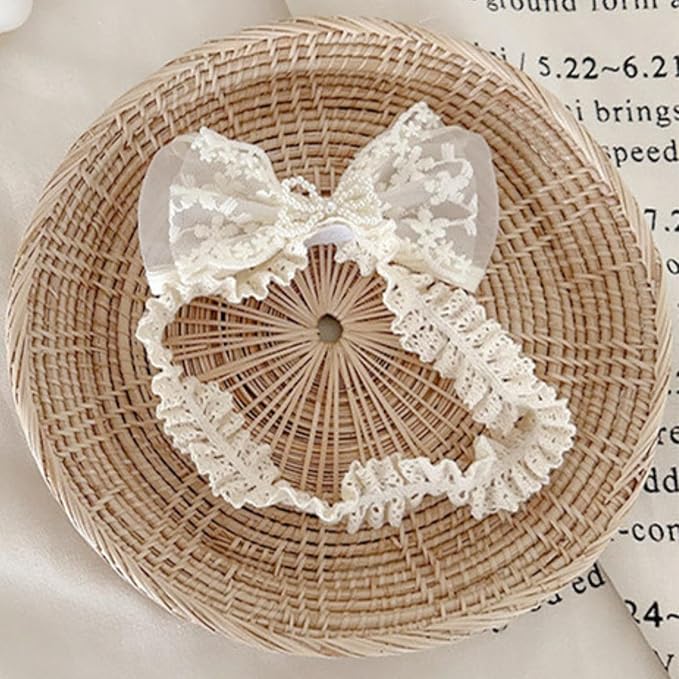 Baby Girls Hairband White Bow Lace Headbands Handmade Soft Stretchy Bowknot Hairbands Newborn Headband with Bows Pearls Elastic Head Band for Newborn Infant(Embroidered Pearl Bow)
