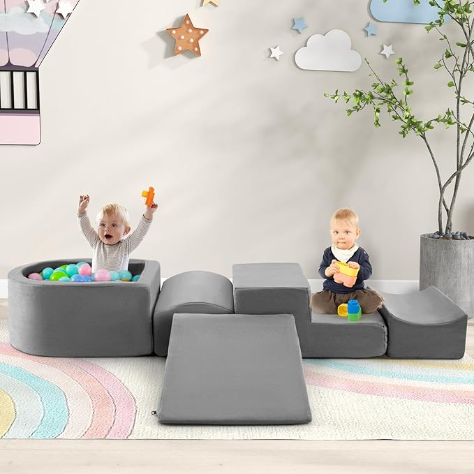 Costzon Toddler Climbing Toys Indoor, 5 Pieces Foam Climb and Crawl Playset w/Kids Ball Pit & Detachable Machine-Washable Covers for Playroom Children Room, Soft Play Climbing for Toddlers (Gray)