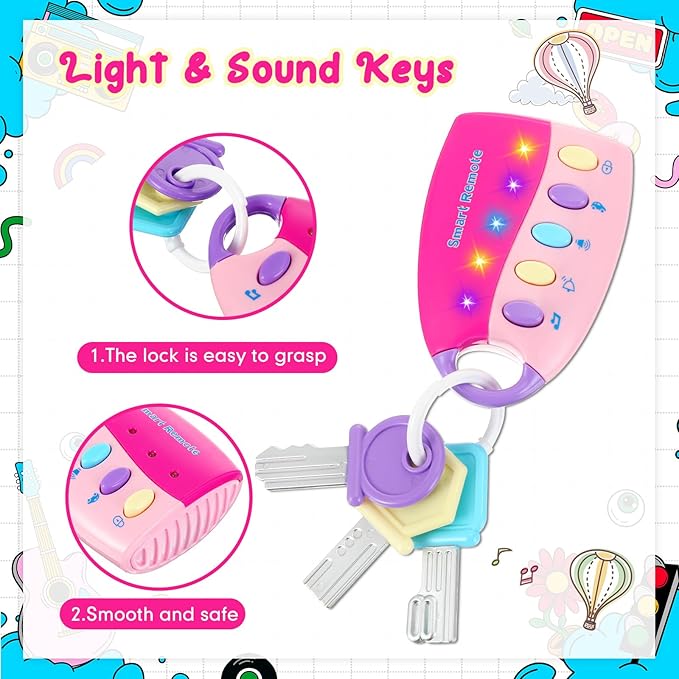 Skylety Musical Smart Remote Car Key Toy with Sound and Lights Fun and Educational Musical Toys for Travel Play(Pink)