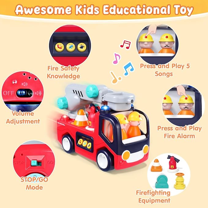 Yunaking Fire Truck Toys for 2 Year Old Boys Girls Montessori Early Educational Learning Toy with Firefighting Tools Baby Push Cars for 2 3 Year Old Boy Birthday Gifts with Sound Lights Effect