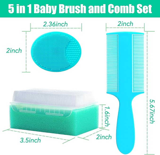 Cradle Cap Brush for Babies, 5Pcs Cradle Cap Treatment Set with Soft Bristle Brushes Silicone Scrubber Long Comb for Newborn Bathing Essentials Baby Brush and Comb Set (Green)