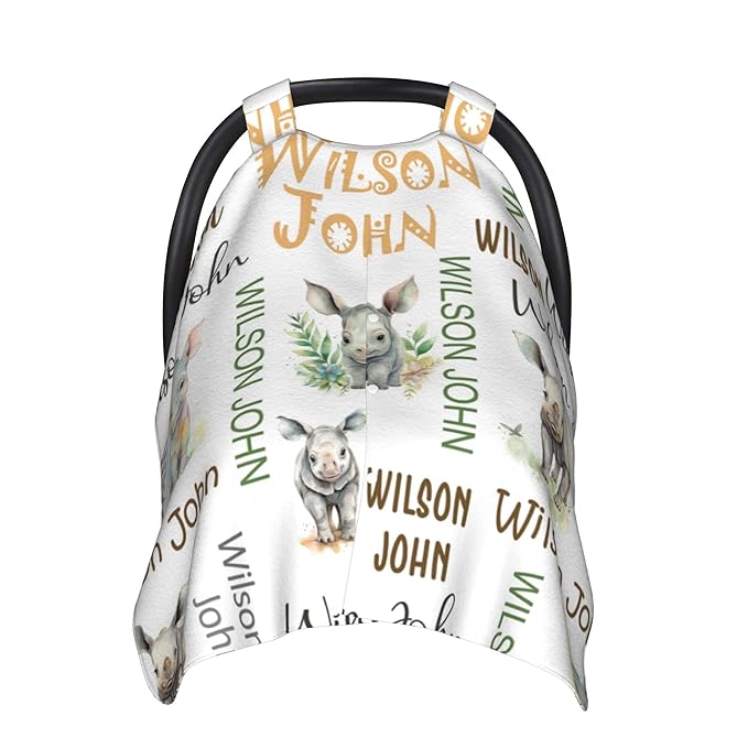 Personalized Winter Car Seat Covers for Babies with Name Rhinoceros Minky Baby Car Seat Cover for Boys Girls Custom Infant Carseat Covers Baby Blanket Nursing Cover Breastfeeding Scarf
