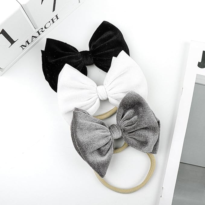 YanJie Brand Hairband - Handmade Velvet Baby Bows & Stretchy Nylon Headbands for Girls Infants Toddlers Child(4.5 black-velvet, 3 Count)