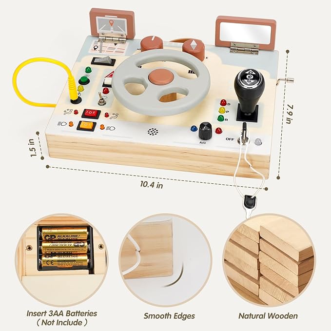 Joyreal Toddler Busy Board with LED Lights, Steering Wheel, Sounds, Montessori Toys for 1+ Year Old, Fidget Board Sensory Travel Toy, Gifts for Boys and Girls