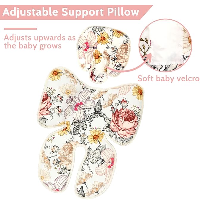 Floral Baby Car Seat Head and Body Support,2-in-1 Reversible CarSeat Insert,Soft Cushion for Carseat, Stroller, Swing, Bouncer, Vintage Flowers