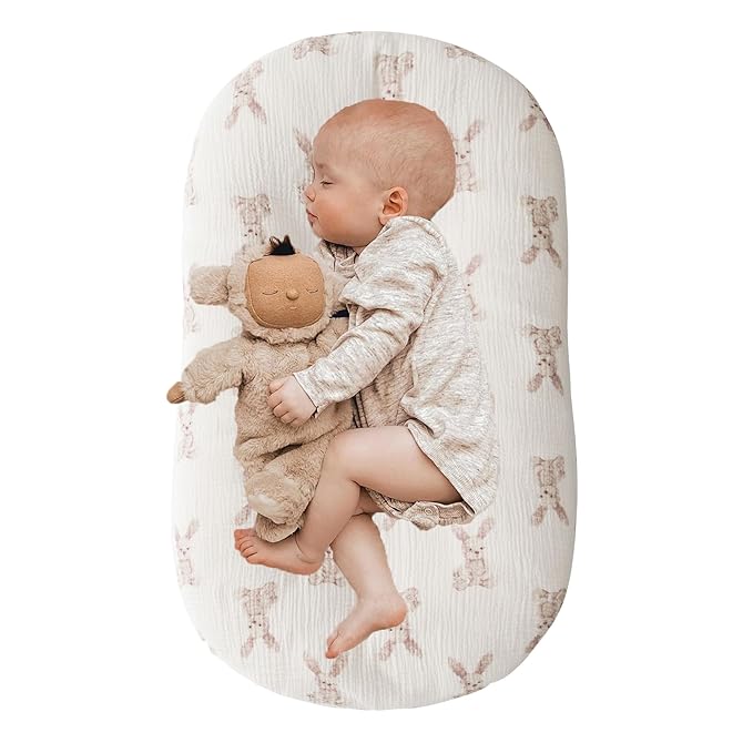Little Jump Cotton Muslin Baby Lounger Covers, 2 Pack, Soft Removable Slipcovers for Newborn Infant Lounger, for Girls Boys (Bunny)
