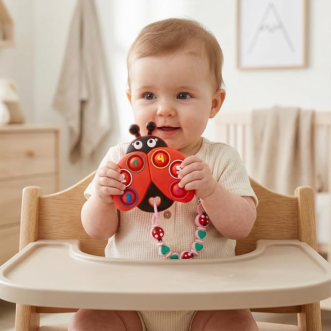 BIGSPINACH Teething Toy & Pacifier Clip Set,Ladybug Pop-It Teether & Pacifier Hold,Multi-Textured Chew Toy with Number Buttons for Early Learning, Baby Teething Relief (Red+Pink)