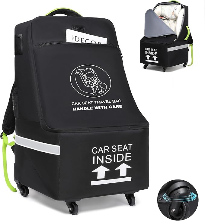 MCBD Car Seat Travel Bag for Airplane, Foldable Baby Carseat Backpack for Travel Padded Carseat Carrier for Airport Gate Check, Infant Stroller Cover with Reflective Strips