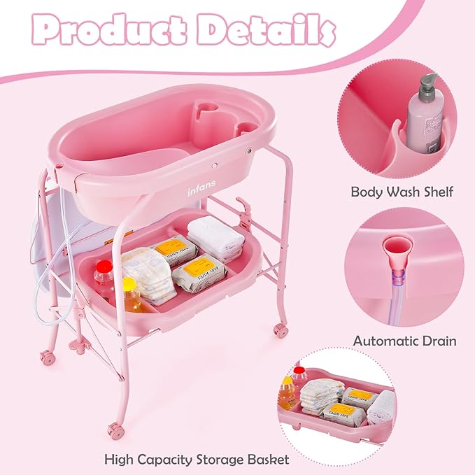 INFANS 2 in 1 Baby Changing Table with Bath Tub Unit, Folding Diaper Dresser Station with Wheels Waterproof Pad Storage Rack, Portable Nursery Organizer Stand for Newborn Infant
