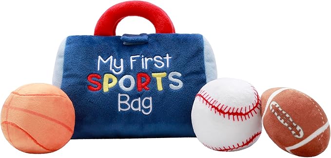 4 Piece Plush My First Sport Bag Play Set with Sensory Toy Balls for Baby, Blue All Sports, 6 inch, Basketball, Baseball, Football
