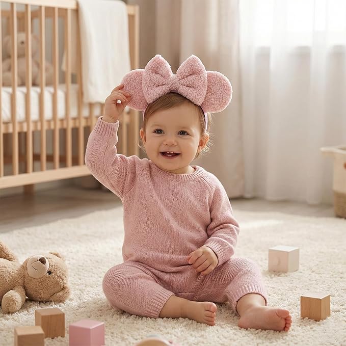 Wool Mouse Ears Headband with Bow, Fleece Adjustable Hair Bow Hairband for Toddlers Baby Girls