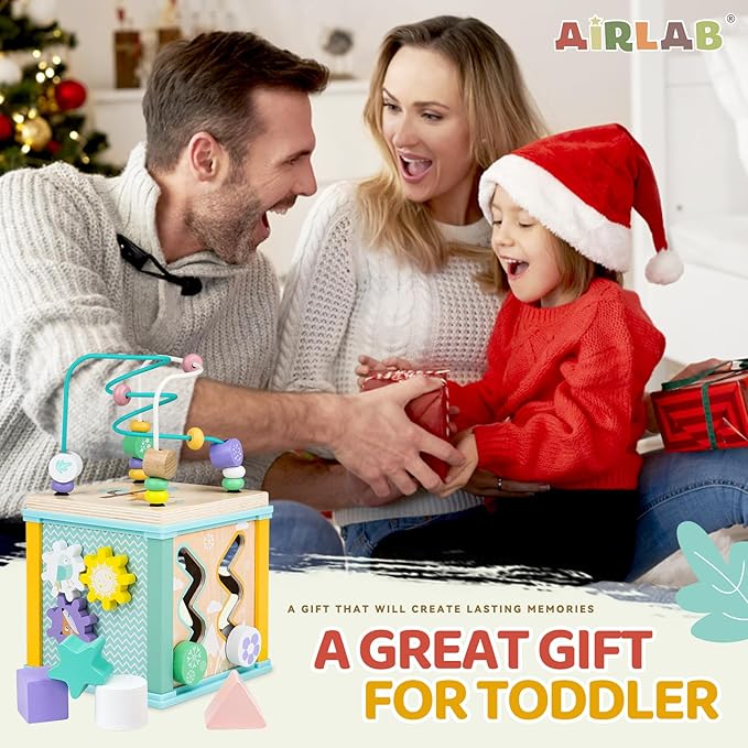 Airlab Wooden Activity Cube Montessori Toys for 1 2 3 Year Old Baby Toys 12 Months Toddlers 1-3 Birthday Gift Boys Girls Sensory Interactive Learning Toys