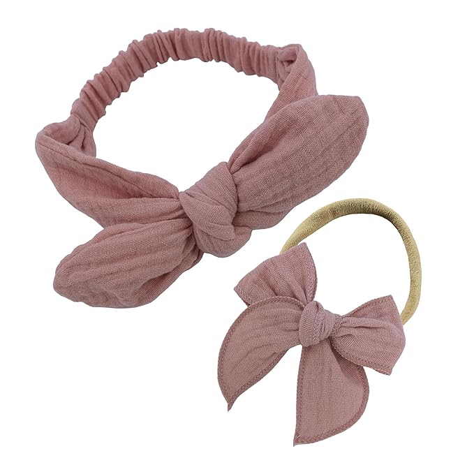 Sugarmelon Original Cotton Gauze Headband for Newborn Toddler Infant Baby Girl Kids Muslin Cotton Hair Bow Headbands Turban Elastic Hair Bands (2 pcs Dusty Pink)