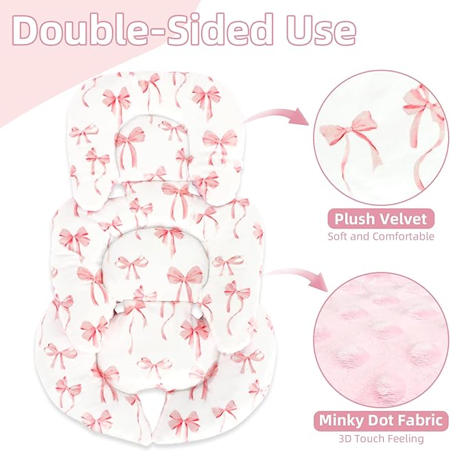 Infant Car Seat Insert Cushion, Baby Car Seat Head Body Support for Girls & Boys, Reversible Newborn Car Seat Insert with 2 Extra Strap Paddings, Premature Car Seat Cushion, Pink Bow