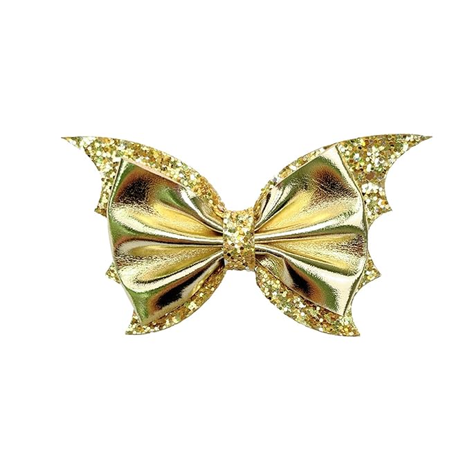Gold Hair Clips, Halloween Bat Wing Hair Bows for Girls Glitter Faux Leather Hair Clips, Cute Halloween Hair Accessories.(FJ78-Gold R)