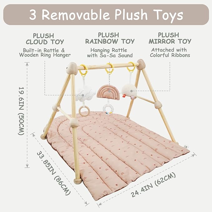 4-in-1 Wooden Baby Play Gym & Activity Mat, Soft Cotton Tummy Time Mat for Babies 0+,with 3 Detachable Toys for Sensory & Motor Skill Development,Newborn Infant Baby Essentials Gift,Blush-Rainbow
