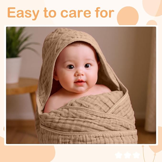 Peryiter 4 Pcs Muslin Hooded Baby Towels 32 x 32 Inch Cotton Newborn Bath Essentials Muslin Infant Blankets Absorbent Registry Gifts for Girl Boy Kids Baby Shower (Brown Series)