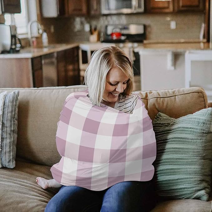 Pink White Plaid Car Seat Covers for Babies, Modern Geometric Checkered Lattice Nursing Breastfeeding Covers Stretchy Breathable Baby Carseat Canopy Cover for Girls and Boys Shower Gifts