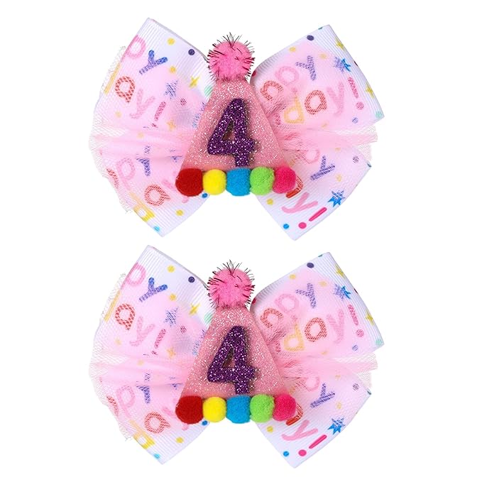 Birthday Hair Bow for Baby Girls 1 2 3 4 5 6 Year Old Sprinkle Hair Clips Happy Birthday Decorations for Girls Toddlers With Pom-Poms Ice Cream Candy Party Pink Hairs Accessories for 4th Sweet Party