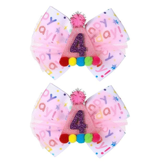 Birthday Hair Bow for Baby Girls 1 2 3 4 5 6 Year Old Sprinkle Hair Clips Happy Birthday Decorations for Girls Toddlers With Pom-Poms Ice Cream Candy Party Pink Hairs Accessories for 4th Sweet Party