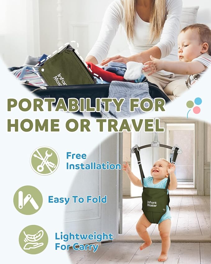 Master Baby Doorway Jumper - Sturdy with Adjustable Strap, Soft Johnny Bouncer Seat, Ideal Gift for Infant, Free Installation, Green