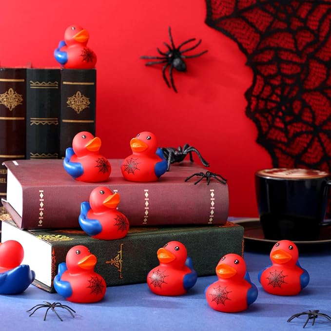 Leyndo 24 Pcs Spiderweb Rubber Duck Bulk Spiderweb Birthday Party Decoration Favors Squeaky Red Blue Duck for Bathtub Floating Pool Gifts Party Supplies