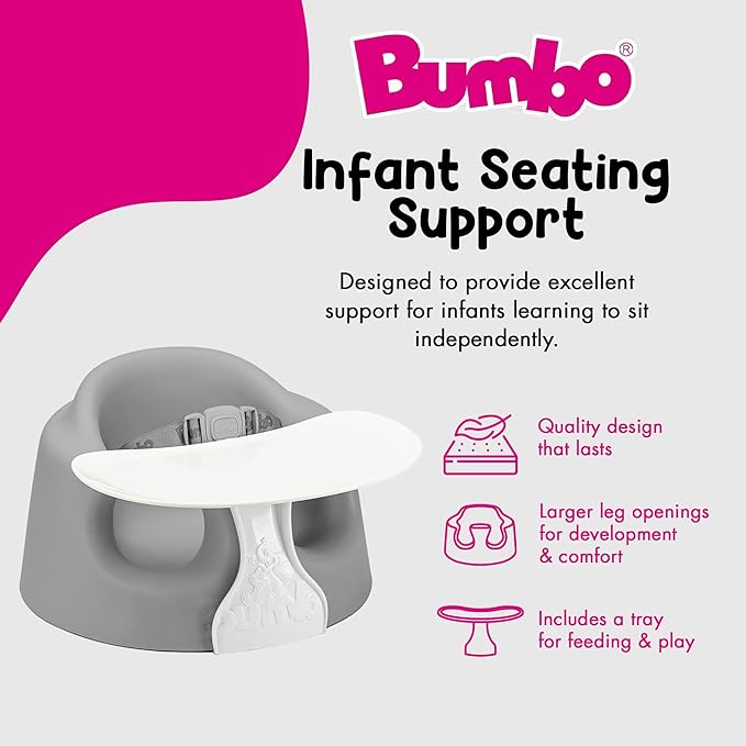 Bumbo Foam Infant Floor Seat Plus+ with Tray for Babies 3 to 12 Months Old, Monsoon - Portable Soft Baby Chair with Large Legroom and 3-Point Harness for Feeding and Play