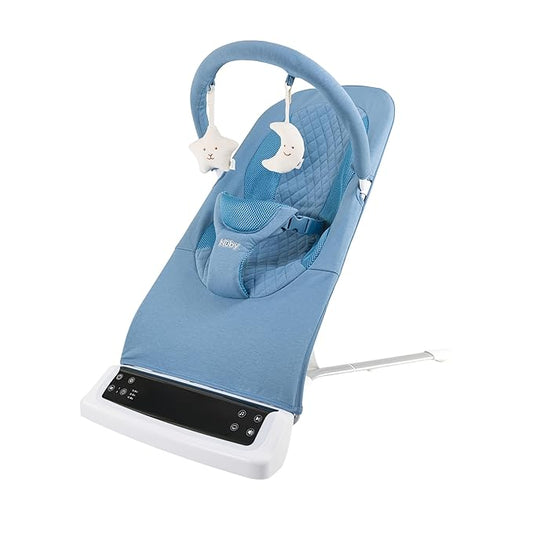 Nuby Deluxe Baby Bouncer Seat - Portable Infant Bouncer with Music, Fun Sounds, and Soothing Vibrations - Digital Display - 0-6 Months - Navy Blue