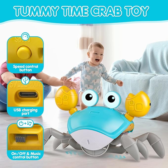 Crawling Crab Baby Toys with Music&Speed Control, Tummy Time Toys for 4 5 6 7 8 9 10 11 Boy Girl Easter Basket Stuffers, Dancing Walking Crawly Crab for Baby Toddler Infant 6-12-18 Months Kid 1-3