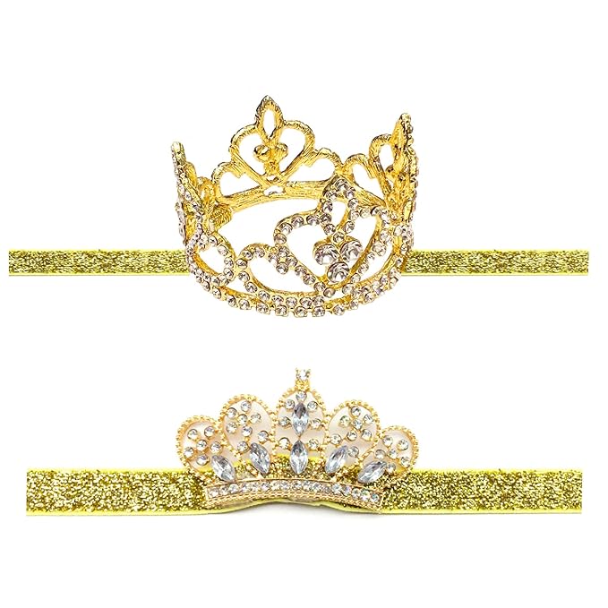 Elesa Miracle 2pcs Baby Hair Accessories Baby Girl's Gift Box with Shiny Tiara Crown Headband Set (2pc- Gold)