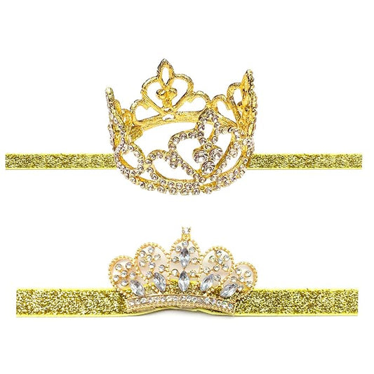 Elesa Miracle 2pcs Baby Hair Accessories Baby Girl's Gift Box with Shiny Tiara Crown Headband Set (2pc- Gold)