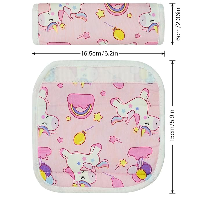 2Pcs Baby Car Seat Neck Cover for Kids, Children Seat Belt Cushion Cute Cartoon Pattern, Comfortable Soft Belt Pads Cover Neck Support Travelling (Pink Unicorn)