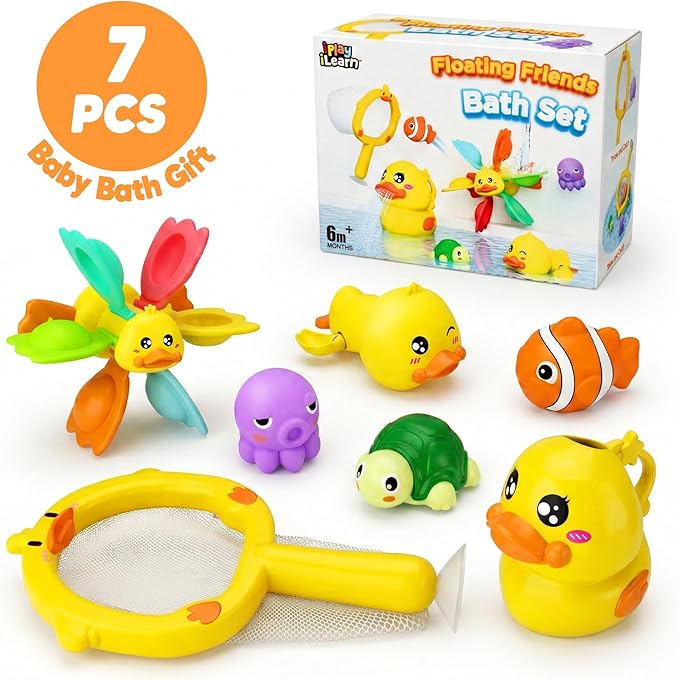 iPlay, iLearn Baby Duck Bath Toy, Toddler Bathtub Shower Toy W/ Suction Spin Gear, Floating Animals, Fishing Net Pool Water Play, Birthday Easter Gift 6 12 18 Month Infant 1 2 3 Year Old Kid Boy Girl