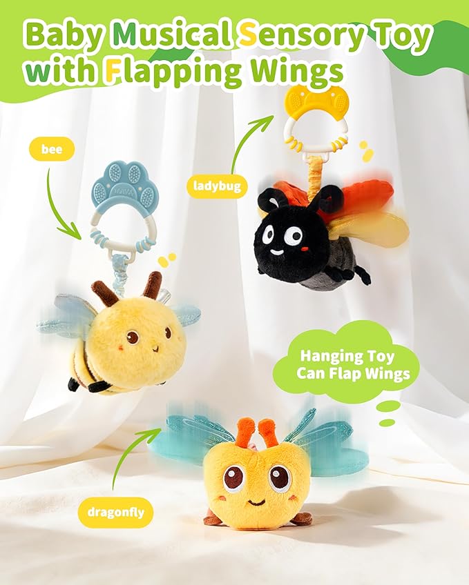 Jollybaby Musical Flying Bee Toy - Car Seat, Stroller, Crib & Play Gym Hanging Toys for Baby 0-6-12-24 Months, Tummy Time Sensory Toy for Infant Boys and Girls Easter Gifts