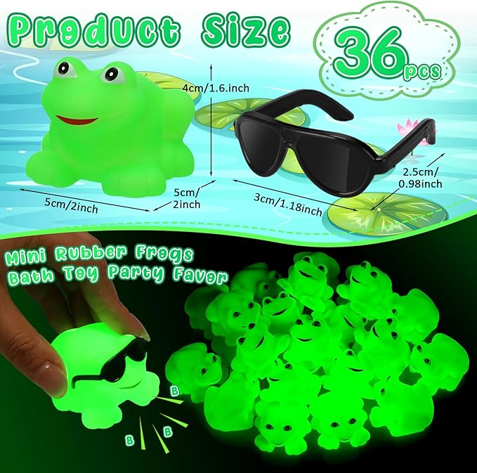 Halloscume 24 Pack Rubber Frogs Squeak and Floating Mini Glow in The Dark Frogs with Glasses Cute Swimming Bathtub Toy for Spring Party Favor
