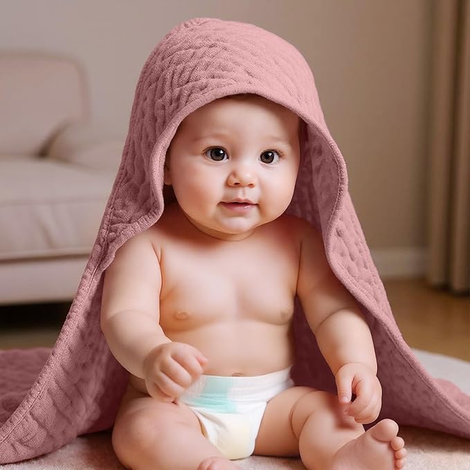 VitalCozy 6 Pcs Baby Muslin Hooded Bath Towels and Washcloths, Muslin Hooded Baby Towels Absorbent Blankets for Gift Newborn Infant Shower (Mauve,Burgundy)