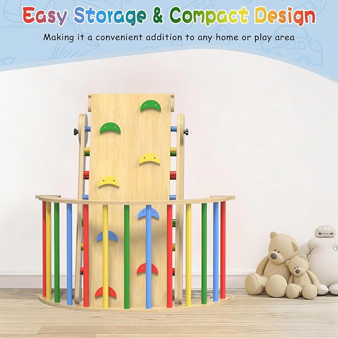 Pikler Triangle Set, 7 in 1 Foldable Climbing Toys Set for Kids, Baby Jungle Gym with Ramp & Arch, Wooden Montessori Climbing Set Indoor for Toddler (Colorful)