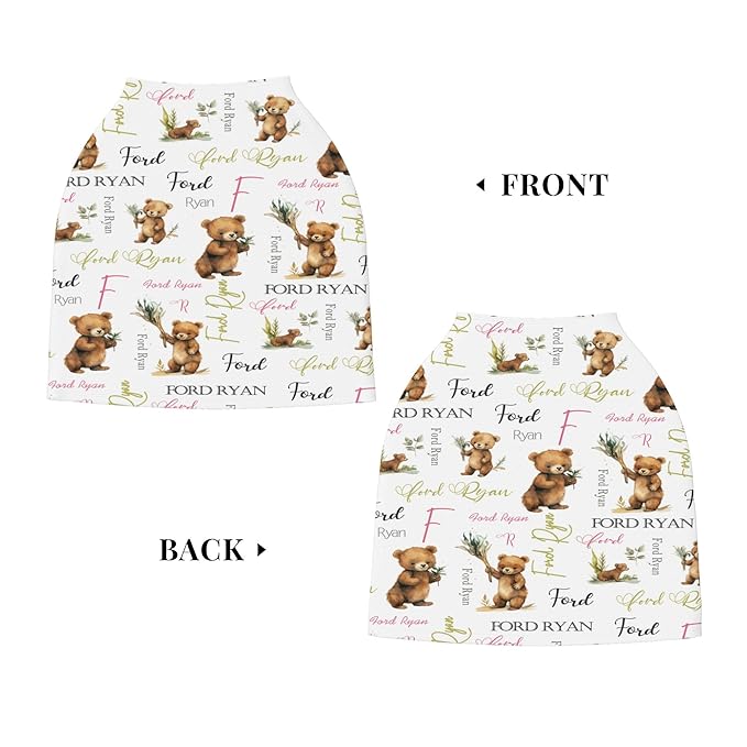 Personalized Baby Car Seat Covers for Babies, Custom Bear Nursing Breastfeeding Carseat Canopy with Name, Infant Stroller Covers for Newborn Girls Boys, Breathable Carseat Cover