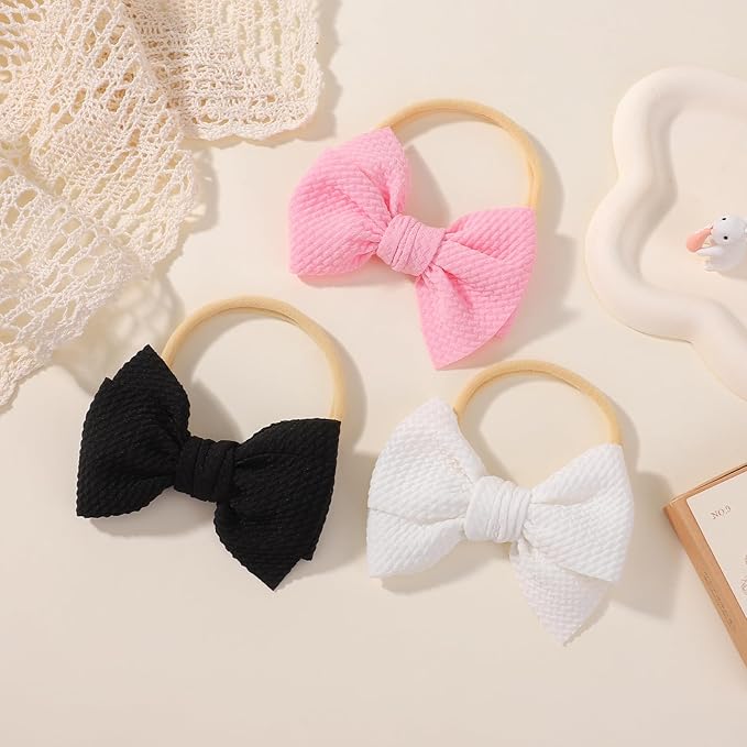 yoyokid 3PCS 4" Baby Girls Bow Headband, Elastic Nylon Hairbands Soft Baby Hairbands with Bows Hair Accessories for Newborn Infant Toddler, Black Pink White