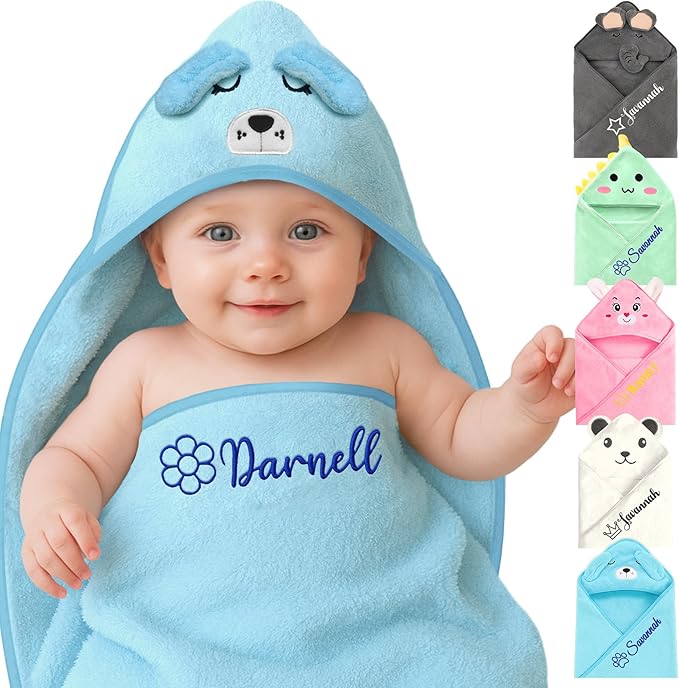 Personalized Baby Towels Hooded with Name, Custom Toddler Coral Velvet Fleece Bath Towel with Hood for Girl Boy, Customized Newborn Gifts - Embroidered (Blue Puppy)