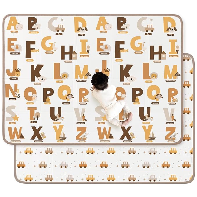 Foldable Baby Play Mat, 65" X 50" Waterproof Double-Sided Cushioned Activity Play Mat, Soft Lightweight Foam Playmat with Fold-Up Sides, Non Slip Crawling & Playing for Infants and Toddler, Alphabet